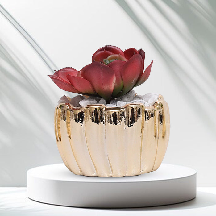 Golden Ceramic Pot Set With Rose